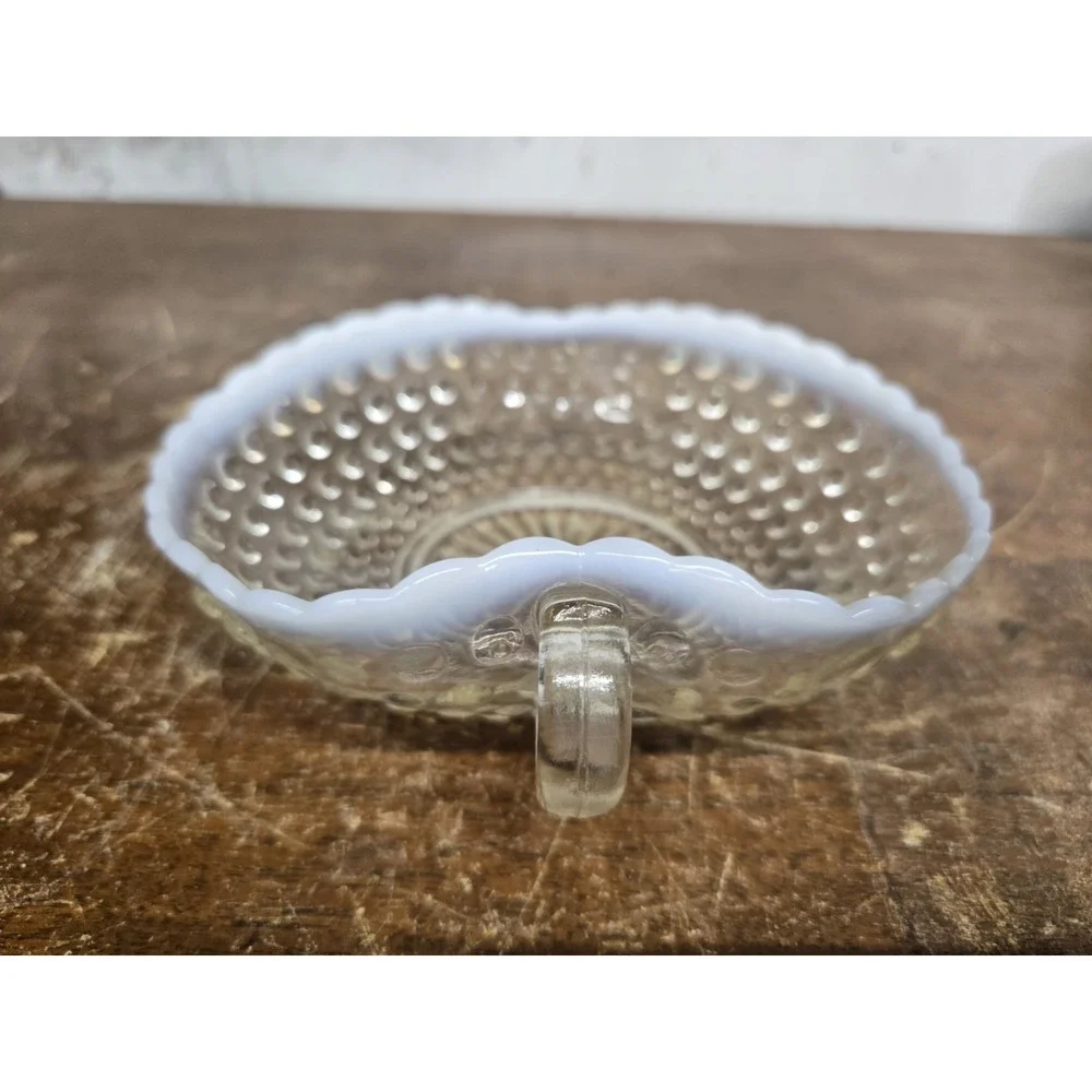 Vintage Anchor Hocking Moonstone Opalescent Hobnail Heart Nappy Dish 1940s